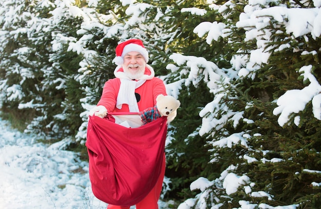 Kerstman met een zak met kerstcadeaus die naar het winterwoud sneeuwlandschap komt