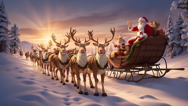 Kerstman met geschenken rijdt rendieren naar de stad.