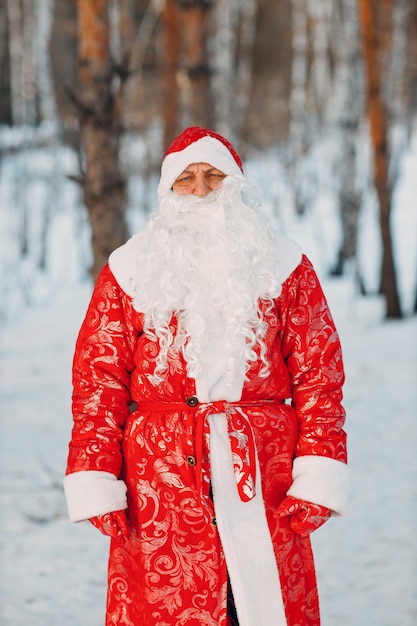 Kerstman met lange witte baard loopt in het winterwoud