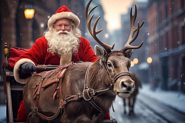 Kerstman met rendieren op straat in de oude stad