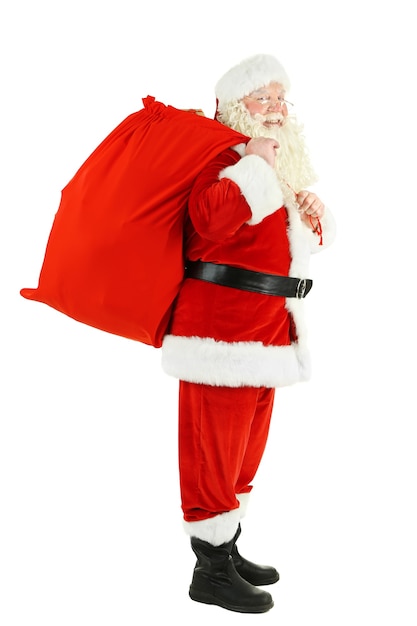 Foto kerstman met zak, gevulde geschenkdozen geïsoleerd op een witte achtergrond