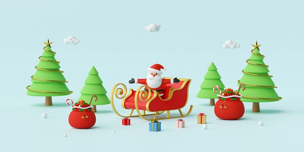 Kerstman op een slee met kerstcadeaus 3d-rendering