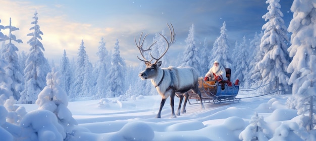 Kerstman op een slee met rendieren rijdt door het winterwoud Nieuwjaarskaart kerstatmosfeer Vintage kleuren