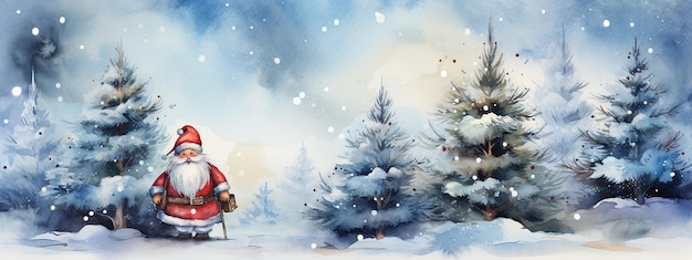 Kerstman op winter sneeuw landschap Kerstmis aquarel illustratie voor postkaart ontwerp afdrukken