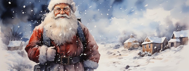 Kerstman op winter sneeuw landschap Kerstmis aquarel illustratie voor postkaart ontwerp afdrukken