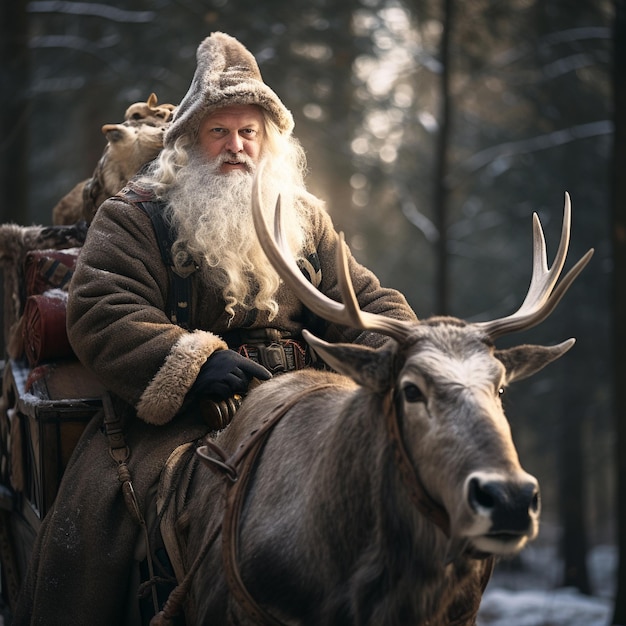 Foto kerstman rijden op slee met herten