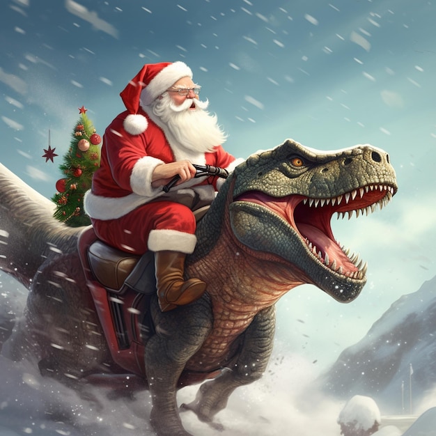 Kerstman rijdt op een dinosaurus met een kerstboom op de top generatieve ai