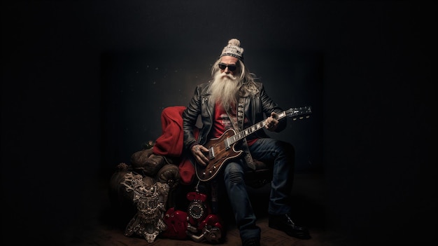 Kerstman rocker speelt gitaar in een hoed AI