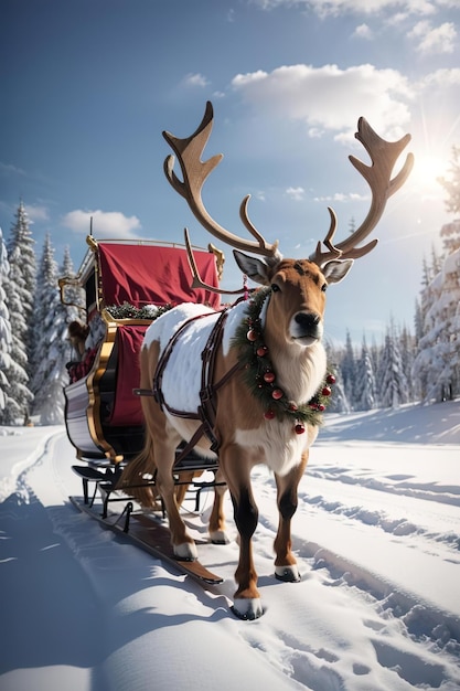 Kerstman's kerst rendier vastgebonden aan een slee op een bosweg tussen kerstbomen en sneeuw