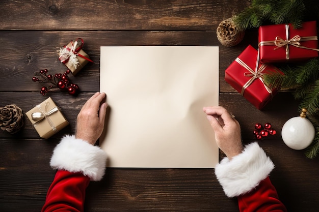 Foto kerstman schrijft een kerstcadeau lijst op een bladzijde