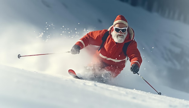 Kerstman skiën in de bergen