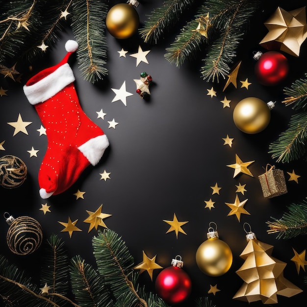 Kerstman sokken gouden sterren cadeau dozen en kerstversieringen met een kerst achtergrond