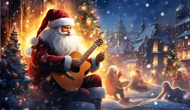 Kerstman speelt gitaar op straat 's nachts AI gegenereerd