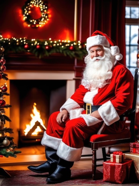 Kerstman verrast in een mooie kamer naast de open haard en kerstboom