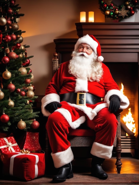 Kerstman verrast in een mooie kamer naast de open haard en kerstboom