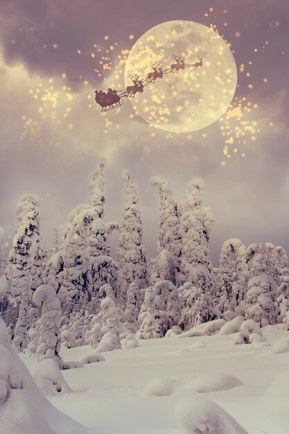 Kerstman vliegt door de lucht over het met sneeuw bedekte bos