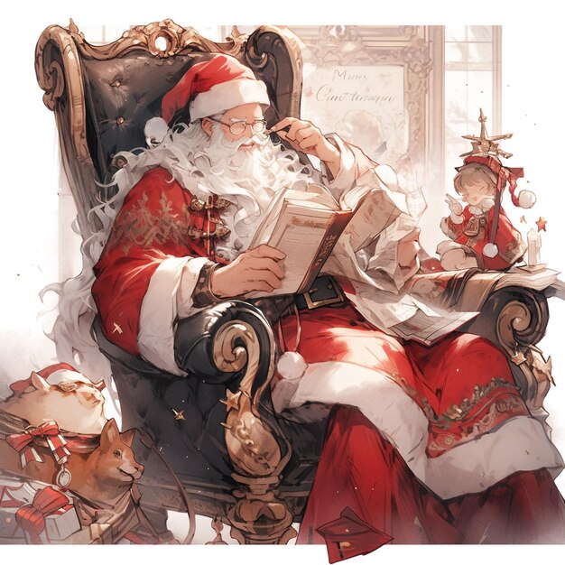 Foto kerstman zit bij een open haard en leest aandachtig een brief van een kind.