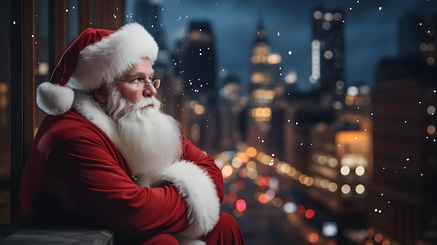 Kerstman zit op een richel en kijkt uit een raam naar de stad.