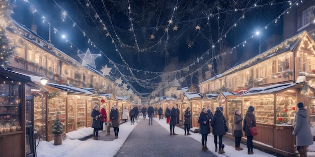 Kerstmarkt in de avond sfeer decoratieve lichten sterren bubbels winkels bomen