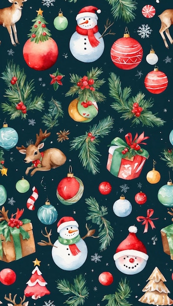 Kerstmis en Gelukkig Nieuwjaar naadloos patroon met kerstspeelgoed en geschenken aquarel stijl
