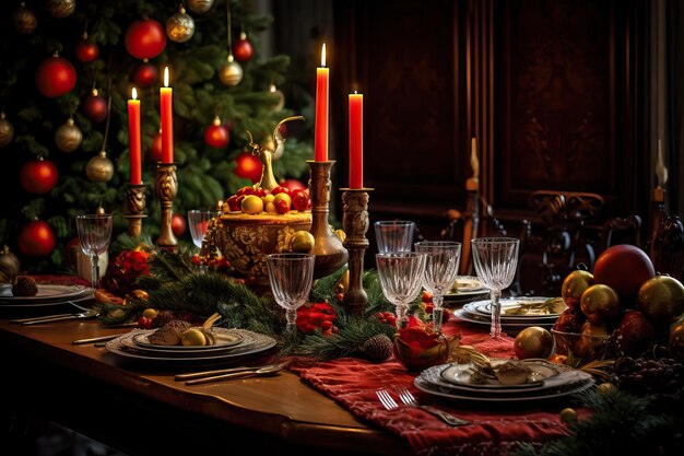 Foto kerstmis en nieuwjaar 2023 een prachtige setting van de nieuwjaarstafel in rood tegen de achtergrond van een versierde kerstboom en een venster met een winterlandschap ai gegenereerd illustratie