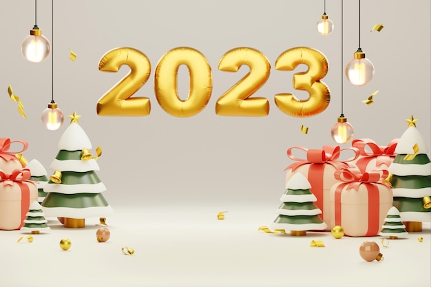 Kerstmis en Nieuwjaar 2023 gouden ballon en podium voor social media banner Rode geschenkdoos