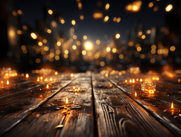 Kerstmis en Nieuwjaar achtergrond met bokeh lichten en houten planken