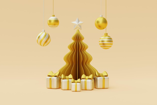 Kerstmis en Nieuwjaar achtergrond met geschenkdoos en goud Xmas dennenboom decoratie voor kerstmis 3D-rendering