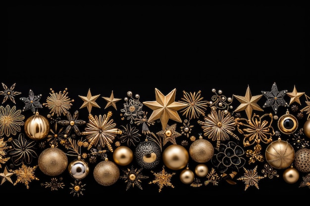 Kerstmis en Nieuwjaar achtergrond met gouden en zilveren versieringen op zwarte achtergrond