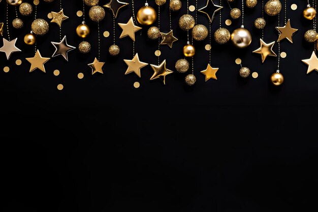 Kerstmis en Nieuwjaar achtergrond met gouden ornamenten op zwarte achtergrond