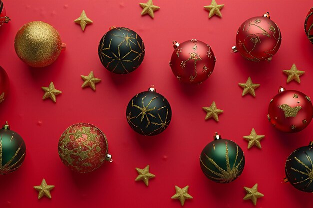 Kerstmis en Nieuwjaar achtergrond met rode en zwarte ballen en gouden sterren