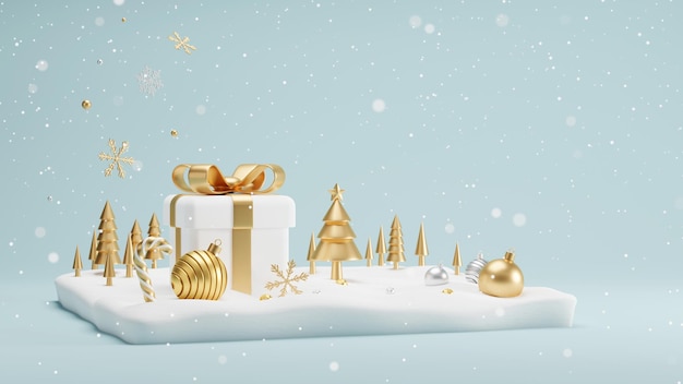 Kerstmis en Nieuwjaar conceptontwerp van geschenkdoos en kerstbal met dennenboom op sneeuwjacht in de winter 3D render
