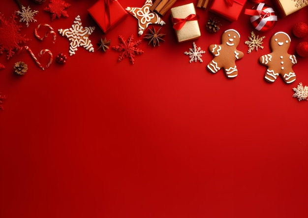 Kerstmis en Nieuwjaar rode achtergrond decoraties en elementen lay-out vlakke lay sjabloon