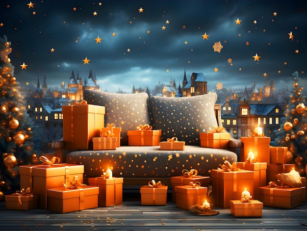 Kerstmis en nieuwjaar sofa bed met geschenk dozen gouden ballen en ster pijnboom en kaars licht bokeh