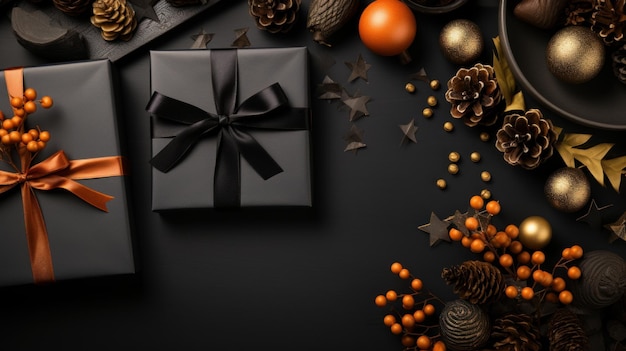 Kerstmis en Nieuwjaar vakantie achtergrond Bovenaanzicht van geschenkdoos op zwarte achtergrond met kopieerruimte