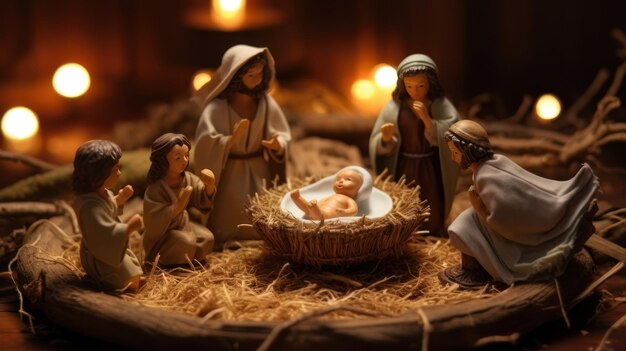 Kerstmis geboorte scène Baby Jezus Christus Maria en Jozef Generatieve AI