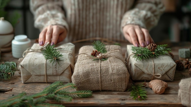 Kerstmis geen afval Vrouw verpakt geschenken in burlap Milieuvriendelijke producten op tafel