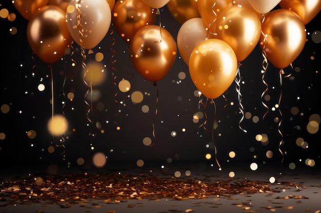 Kerstmis gouden achtergrond met ballonnen confetti en streamers vakantie viering gloeiende bokeh l