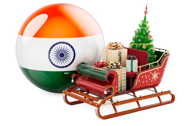 Kerstmis in India concept Christmas Santa slee vol geschenken met Indiase vlag 3D-rendering