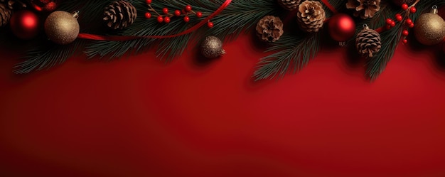 Kerstmis met dennen takken en decoratie ornament op rode achtergrond banner Generatieve ai