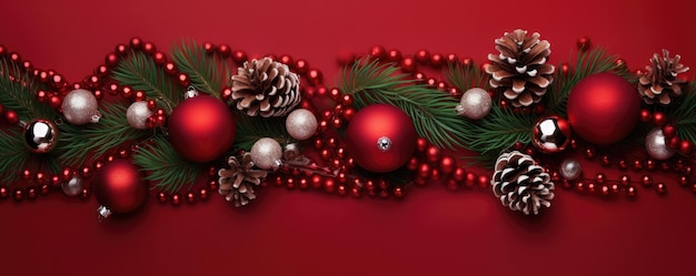 Kerstmis met dennen takken en decoratie ornament op rode achtergrond banner Generatieve ai