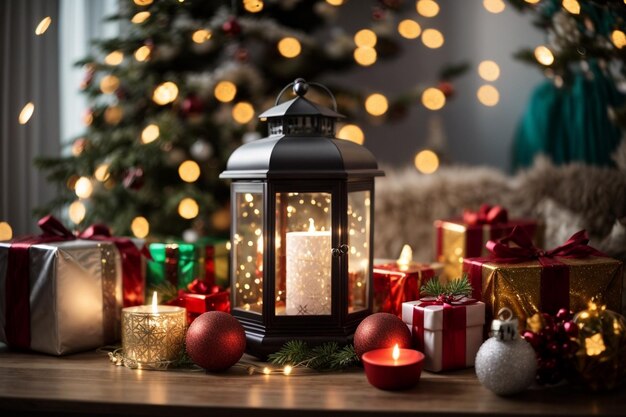 Kerstmis met kralen, gloeiende boom op tafel, drankjes, kaarsen en geschenkkistjes.