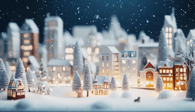 Foto kerstmis miniatuur stad dorp model sneeuw speelgoed gebouwen nachtlicht bokeh schattige lantaarn decoraties bomen bedekt met witte sneeuw sneeuwval compositie wonderland vakantie sfeer sjabloon