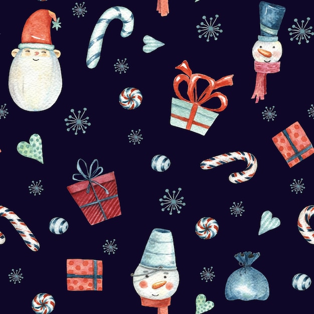 Kerstmis naadloos patroon met sneeuwmannen geschenken en snoepjes