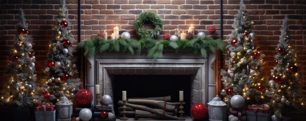 Kerstmis Nieuwjaar interieur bakstenen muur versierd met kerstboom kaars ormanent Generative ai