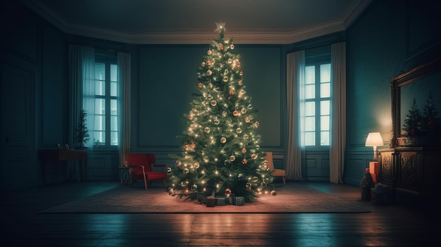 Kerstmis Nieuwjaar interieur met rode bakstenen muur achtergrond versierd dennenboom met bloemenslingers en ballen AI gegenereerd