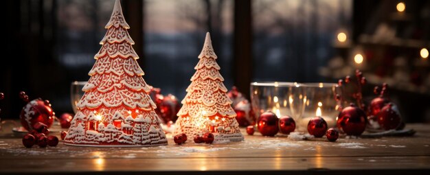 Kerstmis Nieuwjaar interieur met rode bakstenen muur achtergrond versierd dennenboom met slingers en ballen