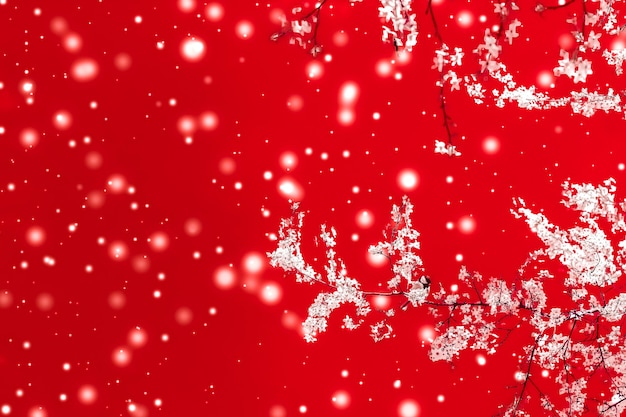 Kerstmis Nieuwjaar rode bloemen achtergrond vakantie kaart ontwerp bloem boom en sneeuw glitter als winterseizoen verkoop promotie achtergrond voor luxe schoonheidsmerk
