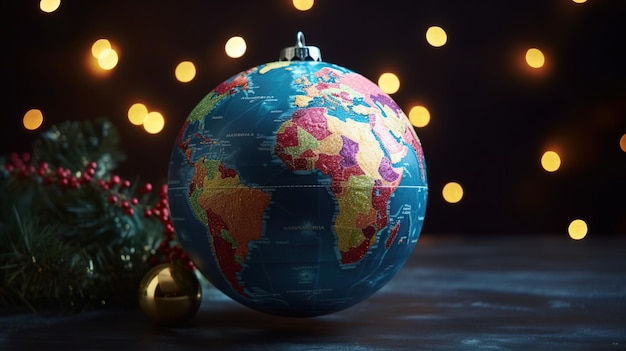 Kerstmis Nieuwjaar speelgoedbal planeet Aarde gekleurde slingers Save the world concept AI gegenereerd