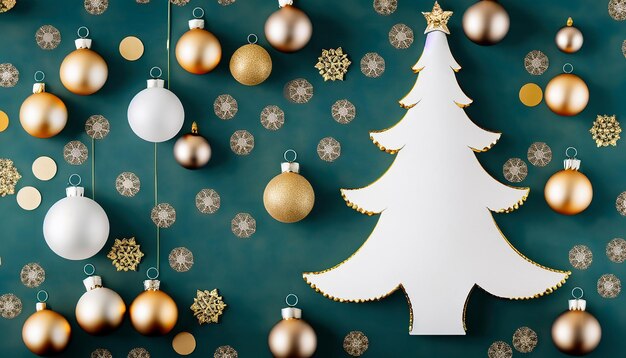 Kerstmis of Nieuwjaar lay-out met witte besneeuwde kerstboom en gouden kerstversiering